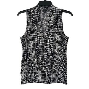 Kenneth Cole Reaction Black White Geometric Grid Draped V-Neck Sleeveless Top S